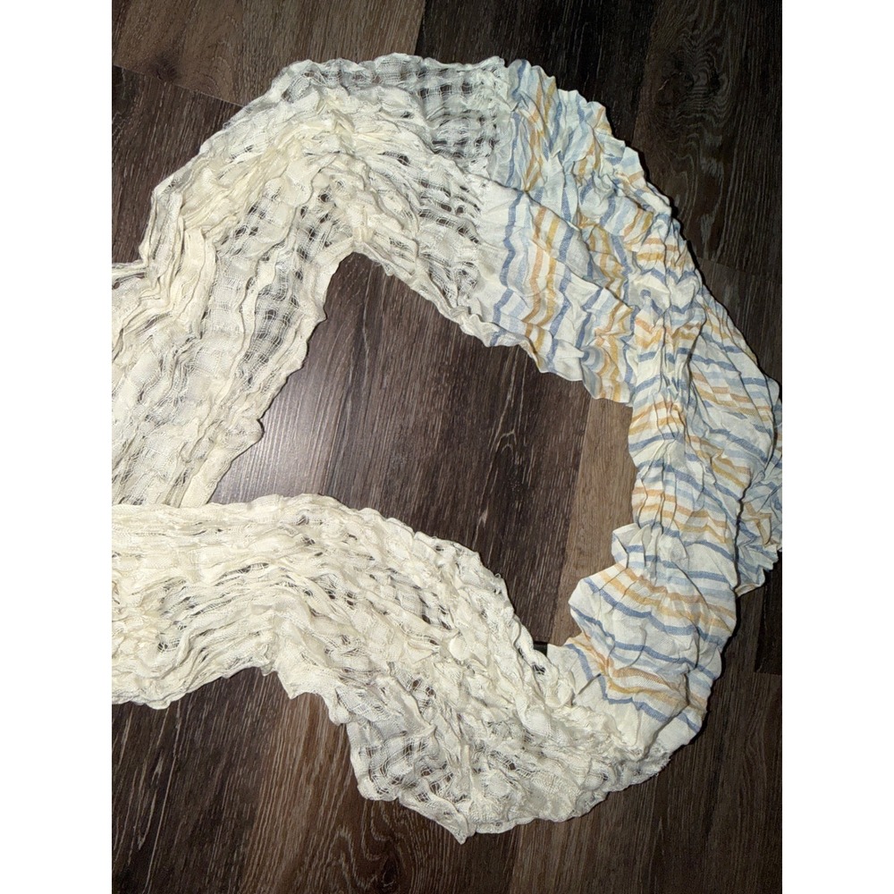Striped Open Knit Infinity Scarf Cream Blue Mustard Lightweight Mesh Loop Scarf